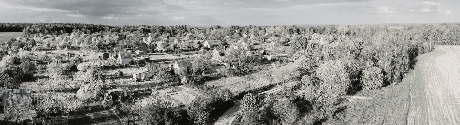 Aerial view of a quaint town, showcasing homes and greenery from an elevated perspective.